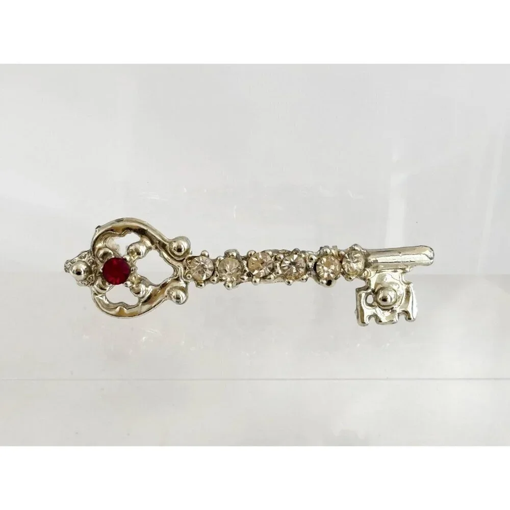 Key Shaped Antique Inspired Rhinestone Gold Toned Vintage Costume Jewelry Brooch